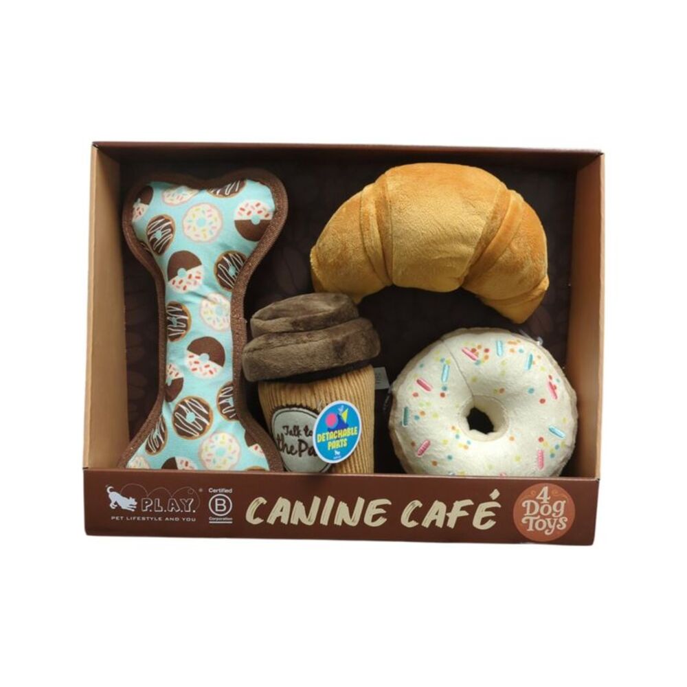 P.L.A.Y Pet Plush Squeaker & Crinkle Toys Canine Cafe, 4pc Bundle